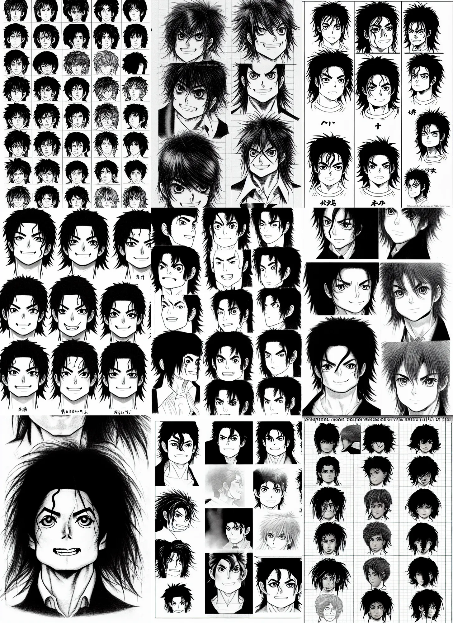 Prompt: pencil manga michael jackson head portrait manga emotion chart