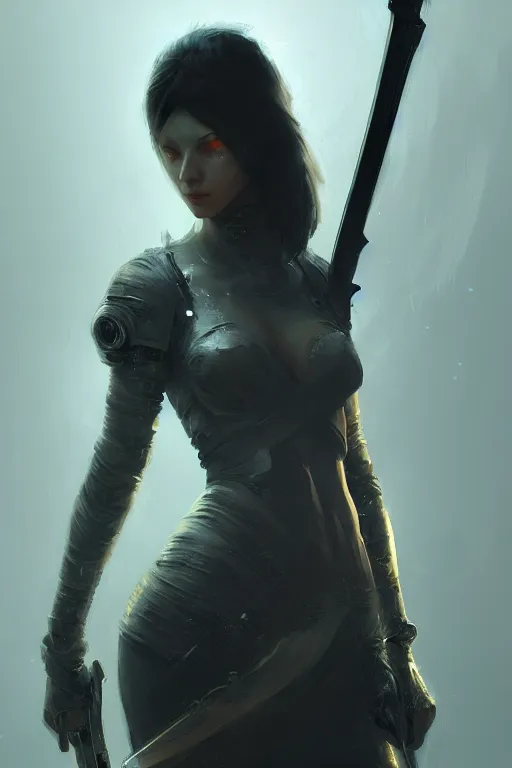 Prompt: a digital painting of a woman with a sword, cyberpunk art by ruan jia, zbrush central contest winner, fantasy art, artstation hd, zbrush, polycount