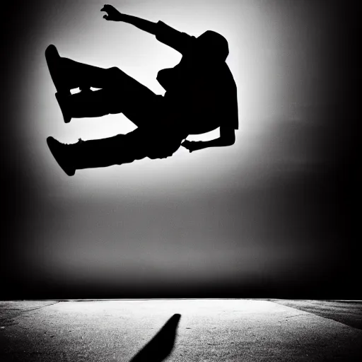 Image similar to tony hawk with no legs, photograph, black and white, emotional lighting, moody shadows, 4 k