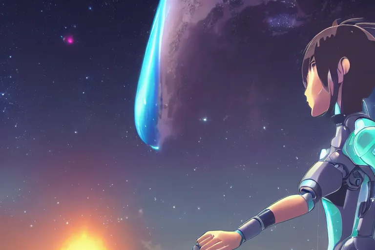 Prompt: makoto shinkai. robotic android girl. futuristic cyberpunk dystopia. vibrant nebula sky. Your Name asteroid.