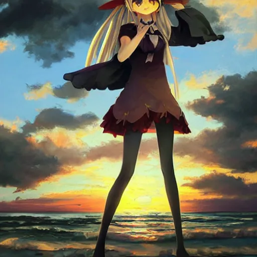 Image similar to Beautiful portrait of Kirisame Marisa from the Touhou project at the beach at sunset, touhou project official artwork, danbooru, oil painting by Antoine Blanchard, sold at an auction, oil on canvas , wide strokes, pastel colors, soft lighting