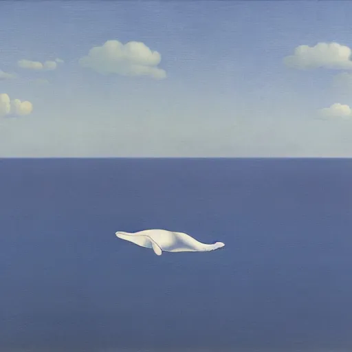 Prompt: whale flying over a boat by René Magritte, detailed, 4k