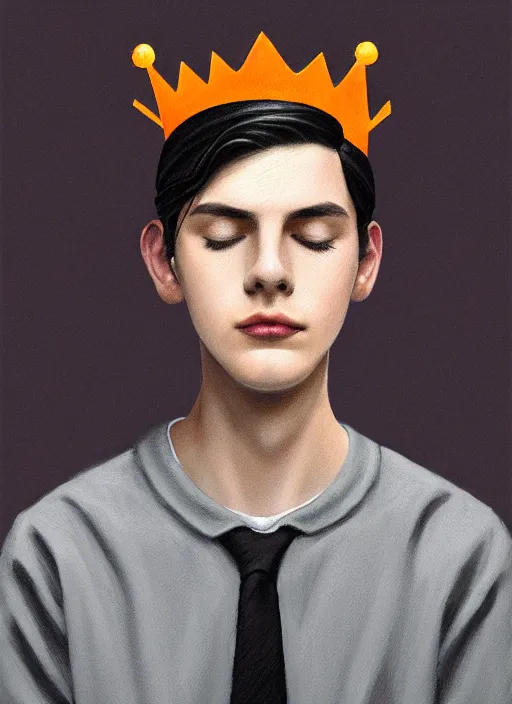 Image similar to portrait of teenage jughead jones wearing a light grey crown, crown, hamburger background, eyes closed, crown, black hair, orange, intricate, elegant, glowing lights, warm lighting, highly detailed, digital painting, artstation, concept art, smooth, sharp focus, illustration, art by wlop, mars ravelo and greg rutkowski