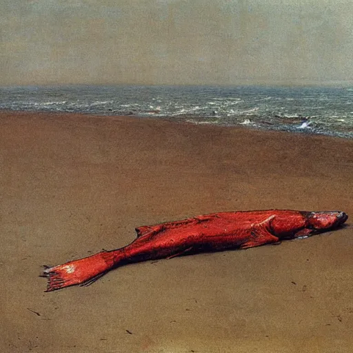 Image similar to decaying salmon on the beach, by beksinski.