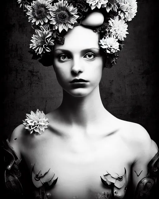 Image similar to a black and white high quality dreamy photo of a young beautiful female queen-pale dragon-vegetal-many big steampunk flowers-cyborg bust with a very long neck, elegant, highly detailed, poetic, soft, dreamy, mysterious, high fashion, in the style of Diane Arbus, Realistic, Refined, Digital Art, Highly Detailed, Cinematic Lighting, rim light, black and white, photo-realistic, 8K