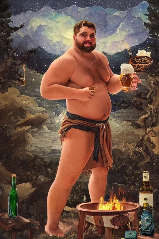 Prompt: a dramatic, epic, ethereal painting of a handsome mischievous smiling thicc shirtless cowboy with a beer belly wearing a large belt and offering food and whiskey | background is a late night campfire | tarot card, art deco, art nouveau | by Mark Maggiori | trending on artstation