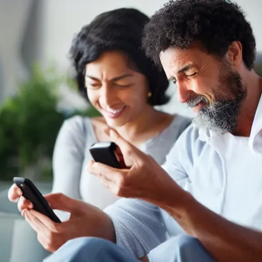 Prompt: man chuckling at his smartphone, woman sighing with frustration