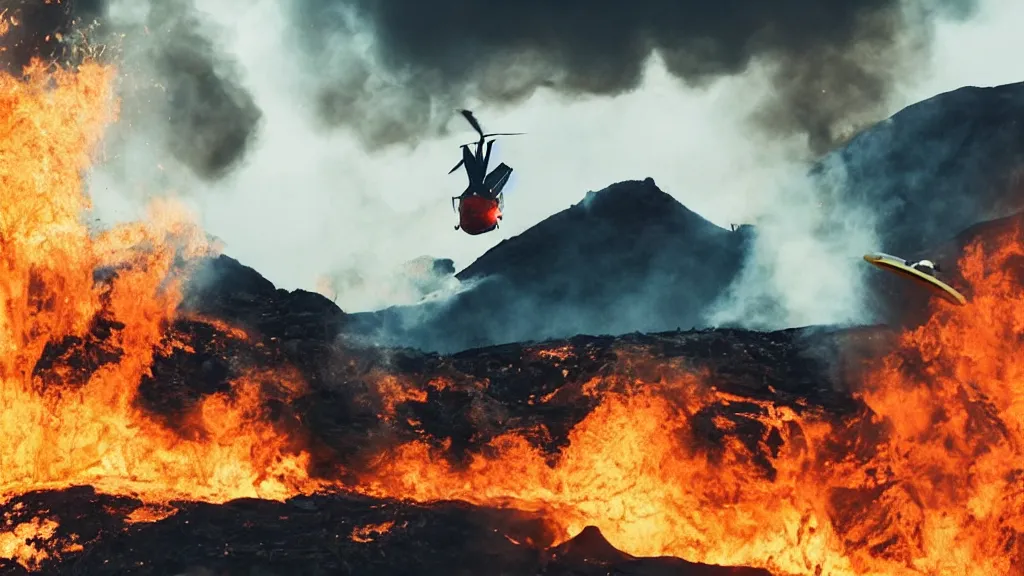 Prompt: person wearing a sponsored team jersey with logos jumping out of a helicopter with a surfboard into a volcano, action shot, dystopian, thick black smoke and fire, sharp focus