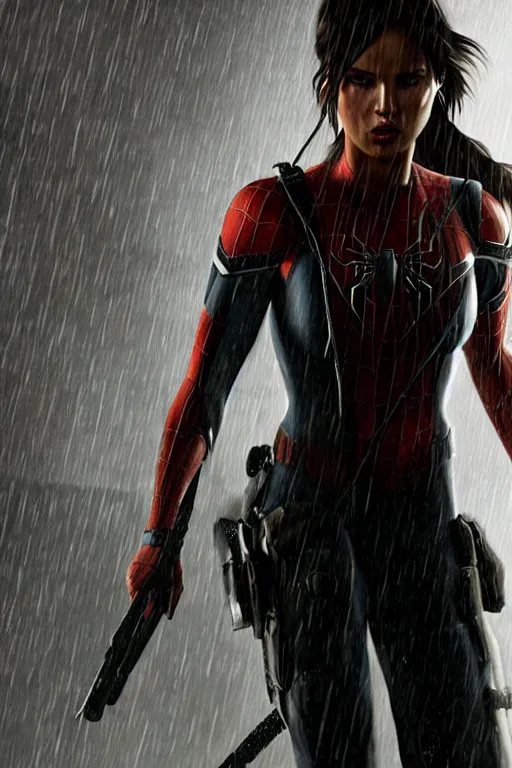 Image similar to cinematic!!!! of lara croft as spiderman!!!!!!, dramatic rain, 8 k, moody lighting