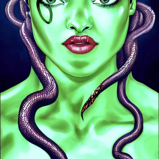 Image similar to Shanina Shaik as Medusa, snakes for hair, highly detailed, digital painting, artstation, concept art, smooth, sharp focus, illustration, art by Chris Achilleos, in the style of Medusa (1988) by Chris Achilleos.