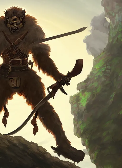 Image similar to strong young man, bugbear ranger, black beard, dungeons and dragons, hunters gear, flaming sword, jeweled ornate leather armour, concept art, character design on white background, by studio ghibli, makoto shinkai, kim jung giu, poster art, game art