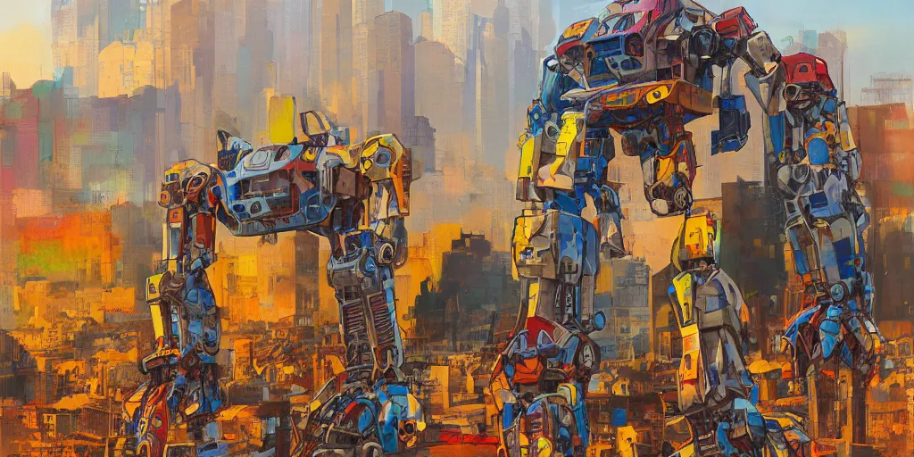 Prompt: colourful - damaged - giant mecha ROBOT of AJEGUNLE SLUMS in Lagos, markings on robot, Golden Hour, painting by Hsiao-Ron Cheng,