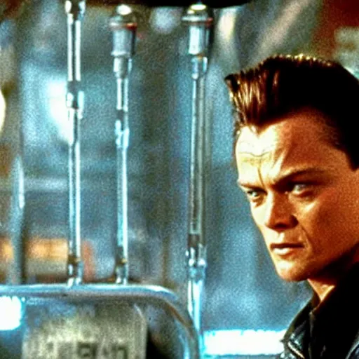 Image similar to film still of leonardo di caprio as t - 1 0 0 0 walking through bars in hospital scene in terminator 2