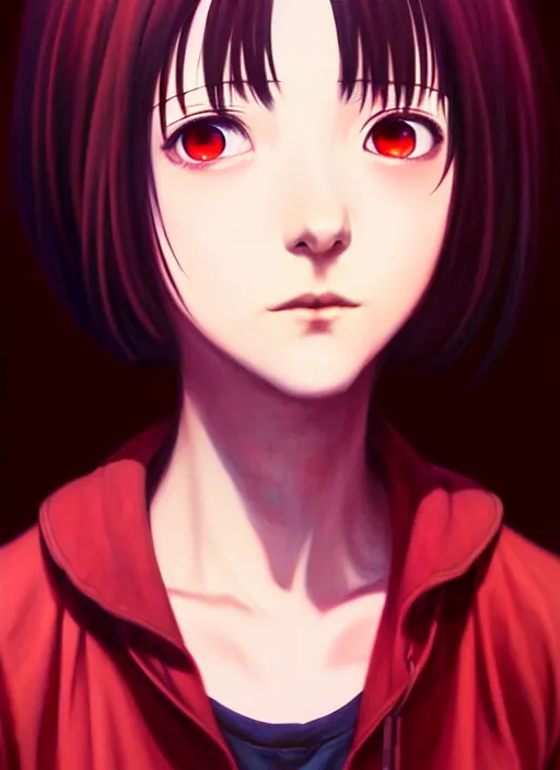 Image similar to a beautiful portrait painting with a dark red background of lain from serial experiments : lain. character design by shinji aramaki, charlie bowater, ross tran, artgerm, and makoto shinkai