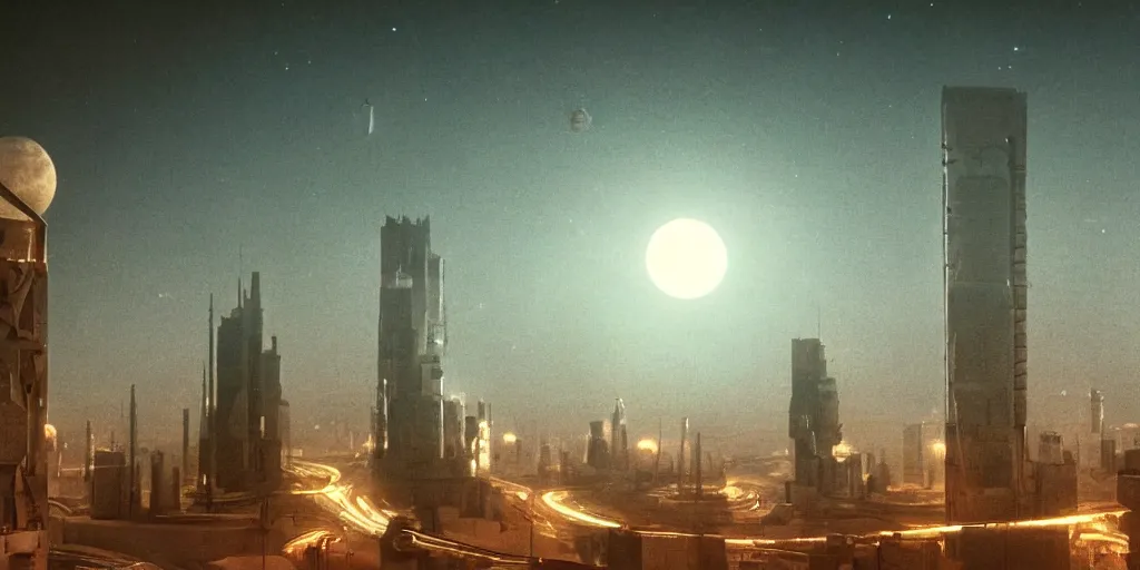 Image similar to cinematic shot of a city in the moon's hollow, russian orbit city cityscape, telephoto, iconic scene from the paranoid thriller sci fi film directed by stanley kubrick, anamorphic cinematography, beautiful composition, color theory, leading lines, photorealistic, moody volumetric lighting