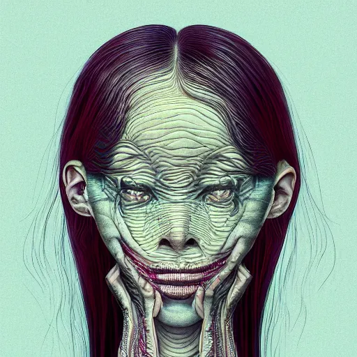 Prompt: psychopath insane woman emerging from her skin, shintaro kago, studio light, fashion photography portrait, head neck shoulders, victo ngai, kilian eng, alex grey, moebius, digital art, masterpiece, camille vivier, fantastically beautiful, beksinski, dan mumford, simon stalenhag, artstation, 8 k