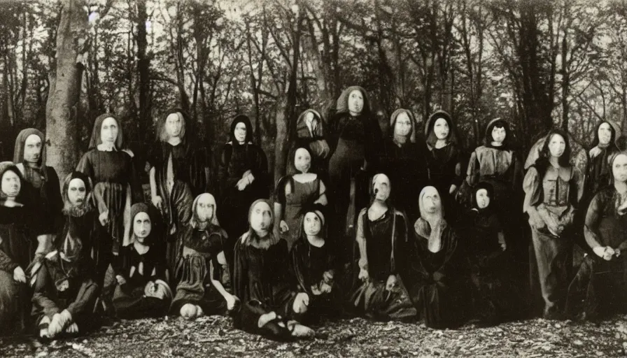 Image similar to photo of group 19th century cult cultists in the dark forest by Diane Arbus and Louis Daguerre