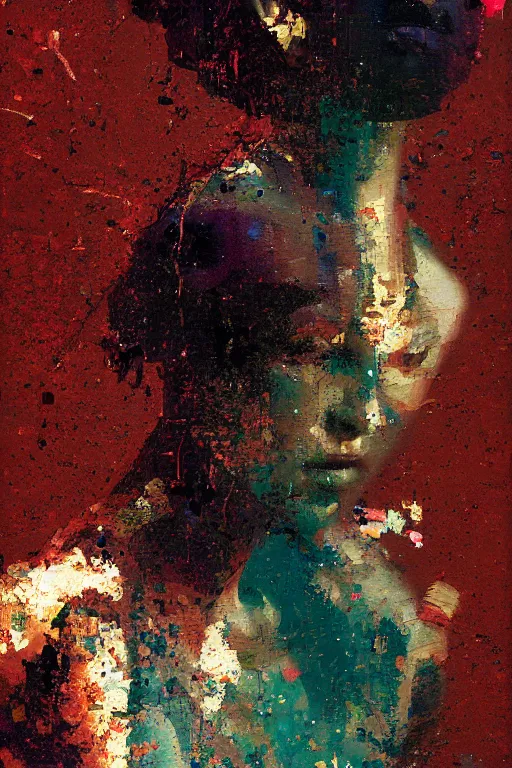 Image similar to a beautiful glitched painting by robert proch of a woman in a glitched bathroom, metal rust and plaster materials, pixel sorting, color bleeding, brushstrokes by jeremy mann, still life, dark colors