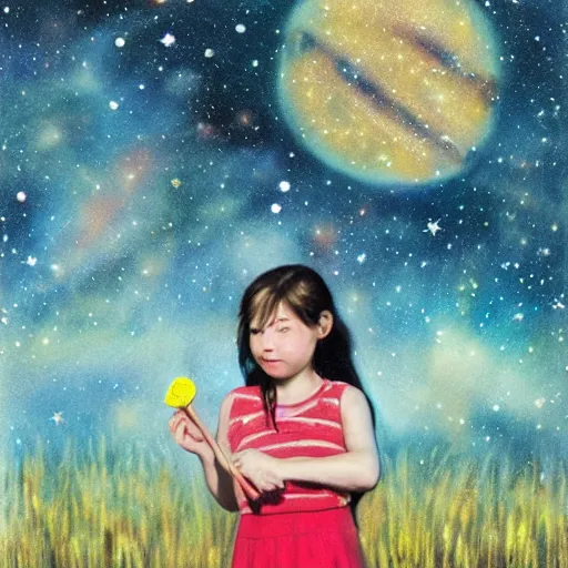 Prompt: a girl in a field holding a Popsicle made of hubble deep field space stars nebula distant galaxies ultra HD