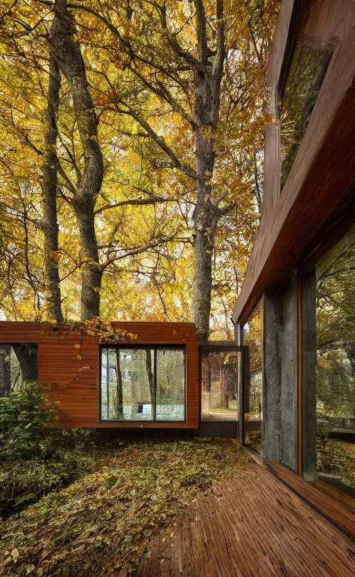 Image similar to interior photograph of an autumn themed house with trees growing inside