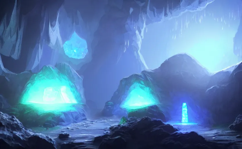 Prompt: a ambient glowing crystal in the distance of a giant cave, crystals, dynamic lighting, ambient lighting, atmospherical, photorealistic fantasy concept art, trending on art station, stunning visuals, creative, cinematic, ultra detailed