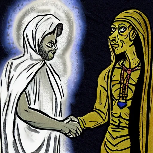 Image similar to A lizard person shaking hands with a religious icon, concept art