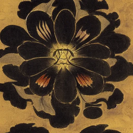 Image similar to a black lotus, fresco by francisco goya