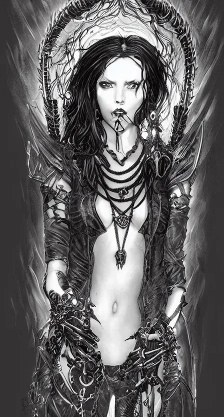 Prompt: portrait of a beautiful goth woman, ankh necklace, black hair by chris bachalo, aly fell and artgerm, heavenly light, ink drawing, illustration, concept art, fine lines, intricate detail, hyper detailed, gothic, neo-gothic, trending on artstation