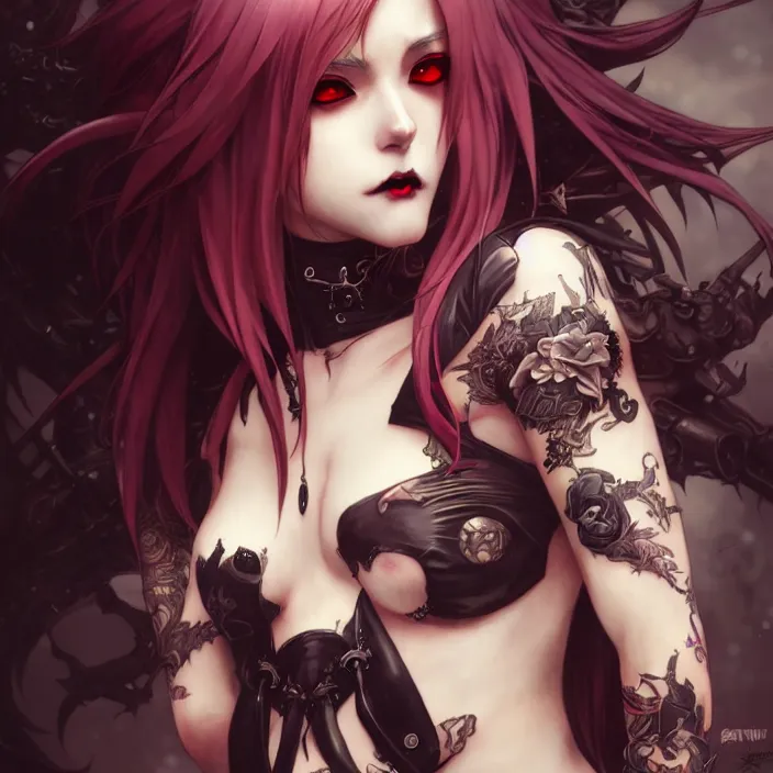 Image similar to anime female, fangs, goth, tattoos, leather, fantasy, intricate details, eerie, highly detailed, octane render, 8 k, art by artgerm and alphonse mucha and greg rutkowski