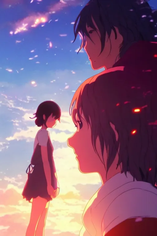 Image similar to fantasy romance movie poster by makoto shinkai, visually stunning, beautiful lighting