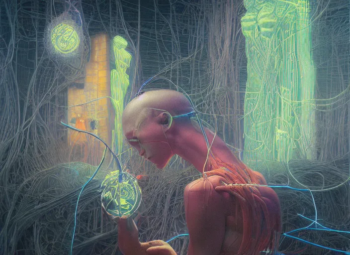 Image similar to absorbing power, neon, they are watching, RGB, glowing wires everywhere, pristine, by Edgar Maxence and Ross Tran, Zdzisław Beksiński, and Michael Whelan, distant, gustav dore, H.R. Giger, 8k, octane render