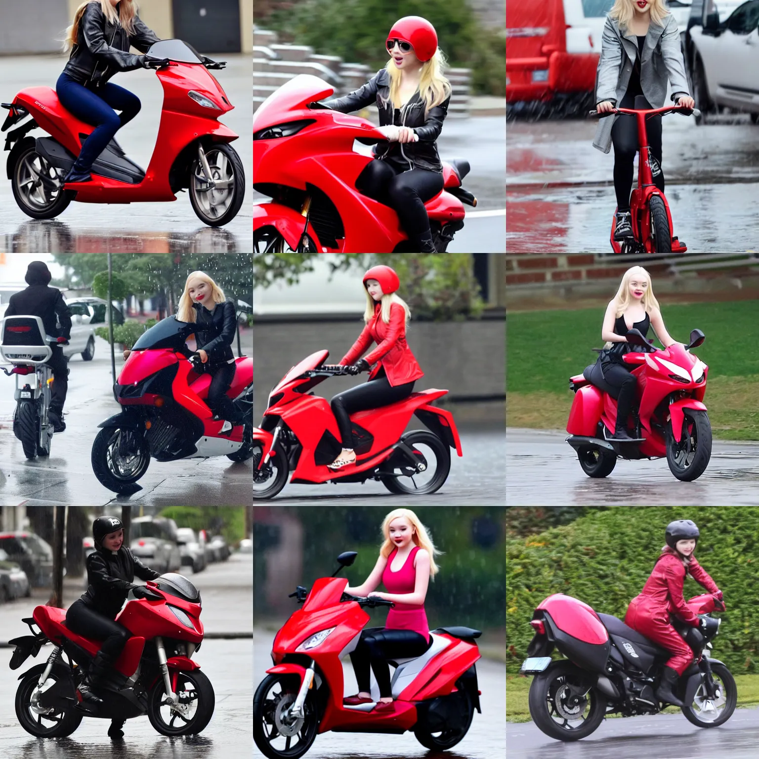 Prompt: Dove Cameron rides a red sports bike in a rainy weather at night