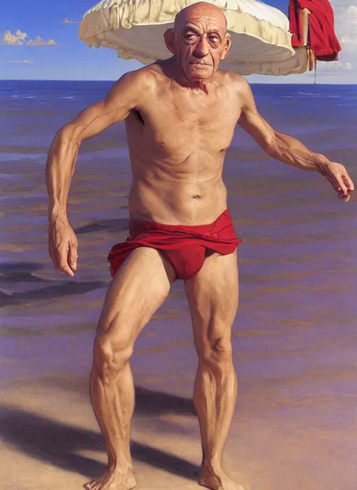 Image similar to portrait hector salamanca as sea lifeguard on the beach, full length shot, shining, 8k highly detailed, sharp focus, illustration, art by artgerm, mucha, bouguereau