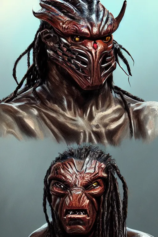 Prompt: predator 1 9 8 7 film mask redesign, portrait, highly detailed, dreadlocks, mandables, digital painting, trending on artstation, concept art, illustration