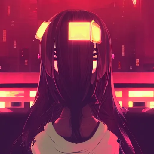 Image similar to Frequency indie album cover, luxury advertisement, red filter, yellow and black colors. highly detailed post-cyberpunk sci-fi close-up schoolgirl in asian city in style of cytus and deemo, mysterious vibes, by Ilya Kuvshinov, by Greg Tocchini, nier:automata, set in half-life 2, beautiful with eerie vibes, very inspirational, very stylish, with gradients, surrealistic, dystopia, postapocalyptic vibes, depth of field, mist, rich cinematic atmosphere, perfect digital art, mystical journey in strange world, beautiful dramatic dark moody tones and studio lighting, shadows, bastion game, arthouse