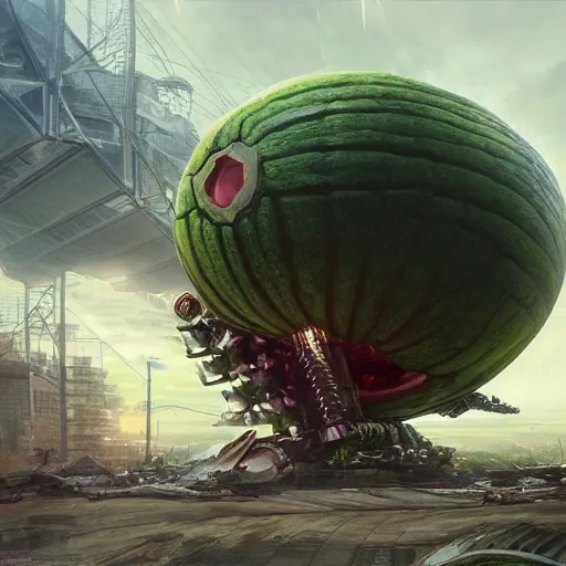 Prompt: Concept Digital Art Highly detailed Giant Watermelon war machine protecting Ukrainian city from Orks by Taras Shevchenko and Stephen Hickman and Beeple. Very highly detailed 8K,Pentax 67, Kodak Portra 400 in style of Hiromasa Ogura Ghost in the Shell, the golden ratio, rational painting