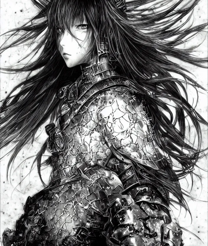 Image similar to Yoshitaka Amano realistic illustration of an anime girl with wavy white hair and cracks on her face wearing dark souls armour with the cape fluttering in the wind, abstract black and white patterns on the background, noisy film grain effect, highly detailed, Renaissance oil painting, weird portrait angle