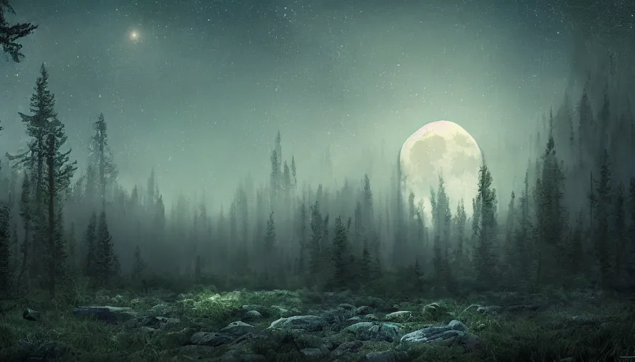 Image similar to a beautiful forest landscape at dusk, big moon and stars in the sky, matte painting, dark blue tones, concept art, 4k