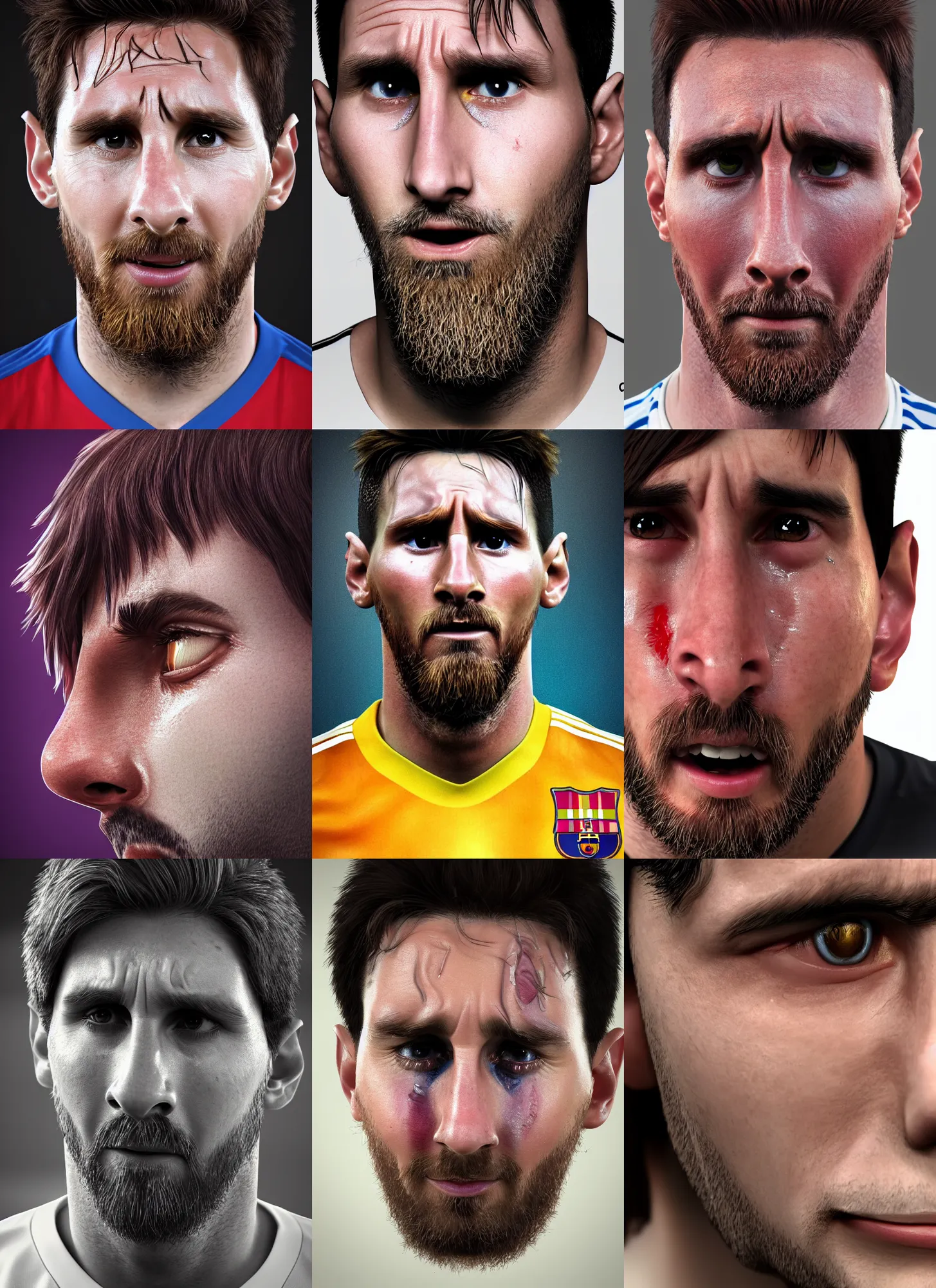 Prompt: portrait of ((cute)) crying Messi!!, photorealistic, single tear, Messi, cry, 35mm, tears drip from the eyes, close-up, Octane render, trending on Artstation, 4k, 8k, perfect face, highly detailed, digital art