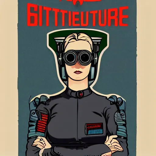 Image similar to retrofuture tattooed stoic heroic emotionless dirty butch blonde woman mechanic with very short slicked - back hair, full body, uncomfortable awkward and anxious, wearing dark - lensed victorian goggles, wearing flight suit, moebius, rough paper, smooth median photoshop filter cutout vector, moebius, ron cobb, sci fi, behance hd