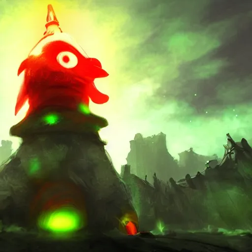 Image similar to penguin with red glowing eyes in front of a green glowing tower in the background, guild wars 2 art style