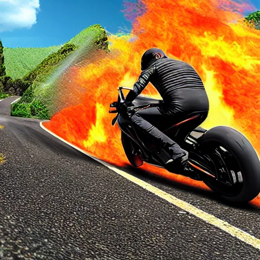 Image similar to new aesthetic and fast motorcycle. Flaming roads. photo realistic. high details. race. hyper realistic