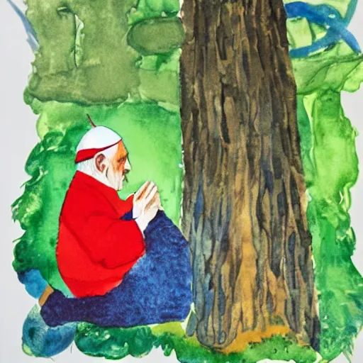 Image similar to watercolor and collage by eric carle, of the pope squatting on a toilet in the forest, peaceful mood