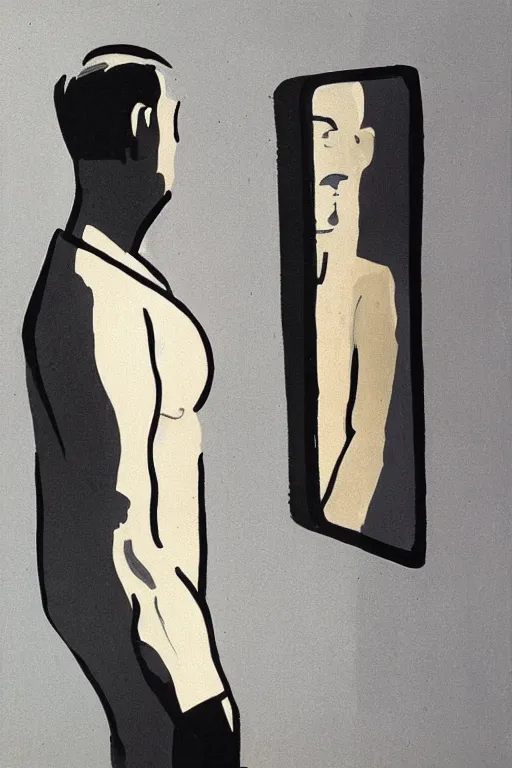 Prompt: man looking at his reflection in the mirror, 1960’s minimalist advertising illustration, painterly, expressive brush strokes