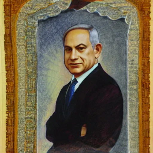 Image similar to a portrait of benjamin netanyahu by alphones mucha