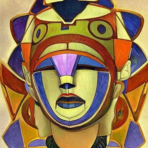 Prompt: head of a beautiful boy wearing a mask made of metal flowers, by diego rivera and john watkiss, art deco shaman, stylized geometric flowers, art brut, symbolist, dramatic lighting, god rays, iridescent beetles, clean crisp graphics, smooth sharp focus, extremely detailed