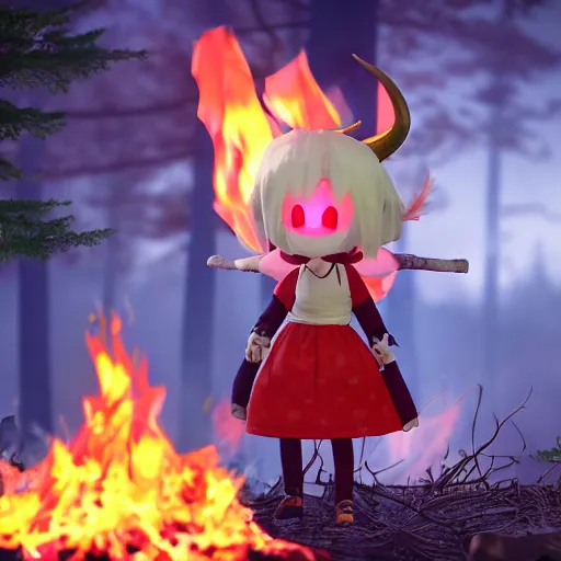 Image similar to cute fumo plush manic happy pyromaniac girl giddily starting a huge bonfire in the forest, horned demon imp girl, stylized pbr anime shader, burning flames, warm glow and volumetric smoke vortices, filmic, rule of thirds composition, vignette, vray