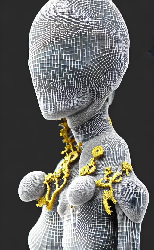 Prompt: intricate hyper detailed ultra sharp 3 d render of a beautiful smooth porcelain seductive cyborg woman portrait, medium shot portrait, bright light, alexandre ferra mecha, deeply cyberpunk art nouveau haute couture huge fractal white silver gold mycelum and yellow pore fungi head ornaments, big embroidered leaves filigree spreaded roots, octane render, volumetric cinematic lighting, 8 k, vray tracing