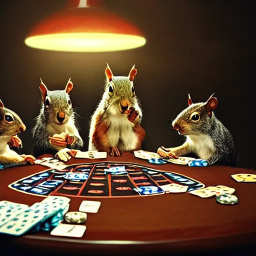 Image similar to still picture of a meeting of squirrels playing poker, dramatic lighting, perfect movie shot, macro