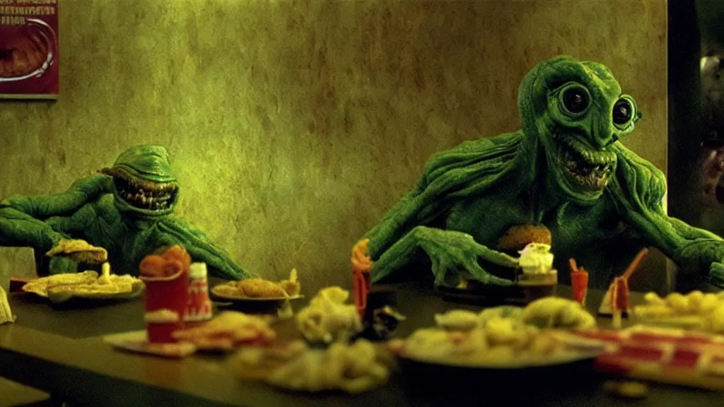 Image similar to the strange creature at the fast food place, film still from the movie directed by denis villeneuve and david cronenberg with art direction by salvador dali and zdzisław beksinski, wide lens